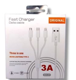 3-in-1 "Fast Charger Data Cable" with Micro USB, Lightning, and Type-C connectors