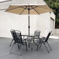 (NEW) $140 Outdoor 6pcs Patio Set with 32x32” Table, 4pc Folding Chairs and 10ft Tilt Umbrella 