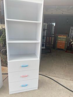 White Bookcase with Drawers and Open Shelves