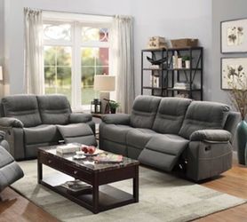 Grey Reclining Fabric Sofa & Love Seat Set