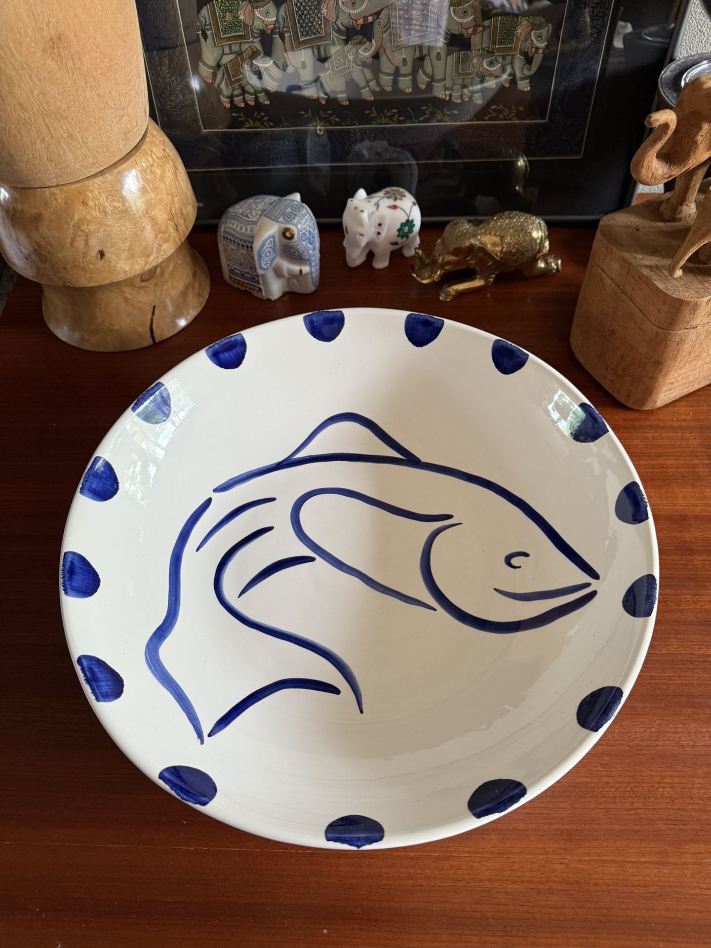 A. Santos Hand Painted Blue & White Fish Bowl
