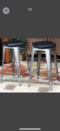 SWIVEL Leather Seats, 2 Industrial / Commercial Bar Stools - 27"H  - Excellent condition  Fully Welded Steel Frame Backless Tolix-Style Design Nylon G