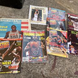 Vintage 1990s NBA basketball magazines with trading cards
