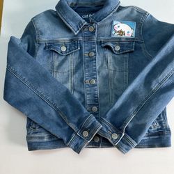 Used 1x. Cat & Jack Stretchy Denim Jacket For Girls Ages 9-12. Sanrio Cinamoroll Sewn Patch And Sewn  Heart On Back