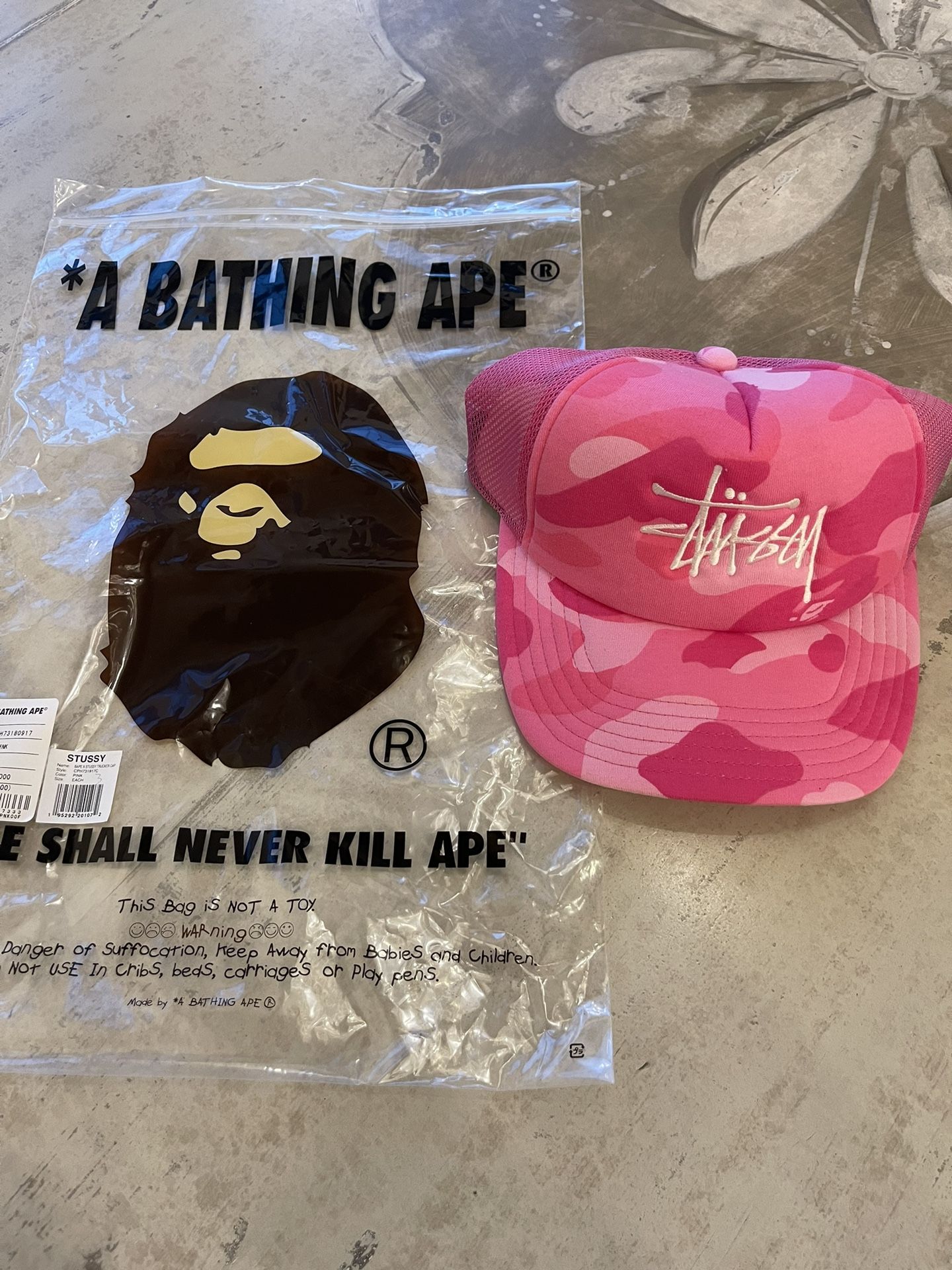 BAPE x Stussy Trucker Hat Pink Camo Snap Back