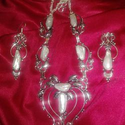 Genuine BIWA pearls edwardian style ornate pendant earrings or set