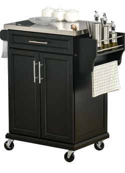 Kitchen Island on Wheels with Stainless Steel Countertop Black