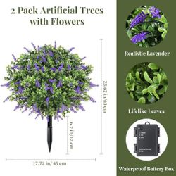 2 Pack Artificial Lavender Boxwood Topiary Ball with LED Lights, 23.6'' Artificial Shrub Bushes with Ground Spike, UV Resistant Faux Greenery Shrubs