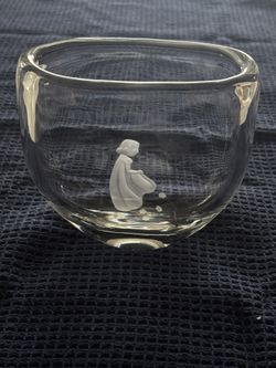 Signed Vintage Girl With Flowers Glass Vase