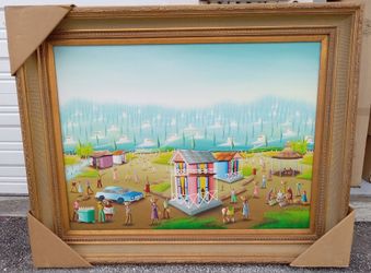PIERRE ZACHARI ~ LISTED HAITIAN ARTIST ~ 30"x 40" "VILLAGE SCENE" CIRCA  1978