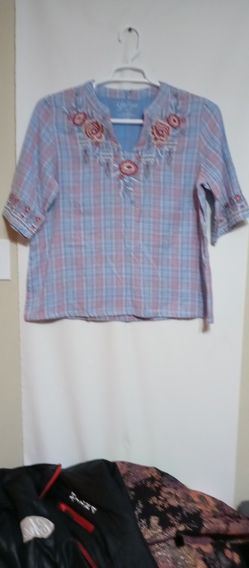 Kyla & Seo Small Blue Pink Plaid 2 Ply Soft Cotton Embroidered Top NWT     