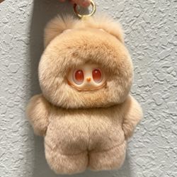 Rabbit Fur Handmade Labubu Plush Doll Keychain Bag Pendant  large peach