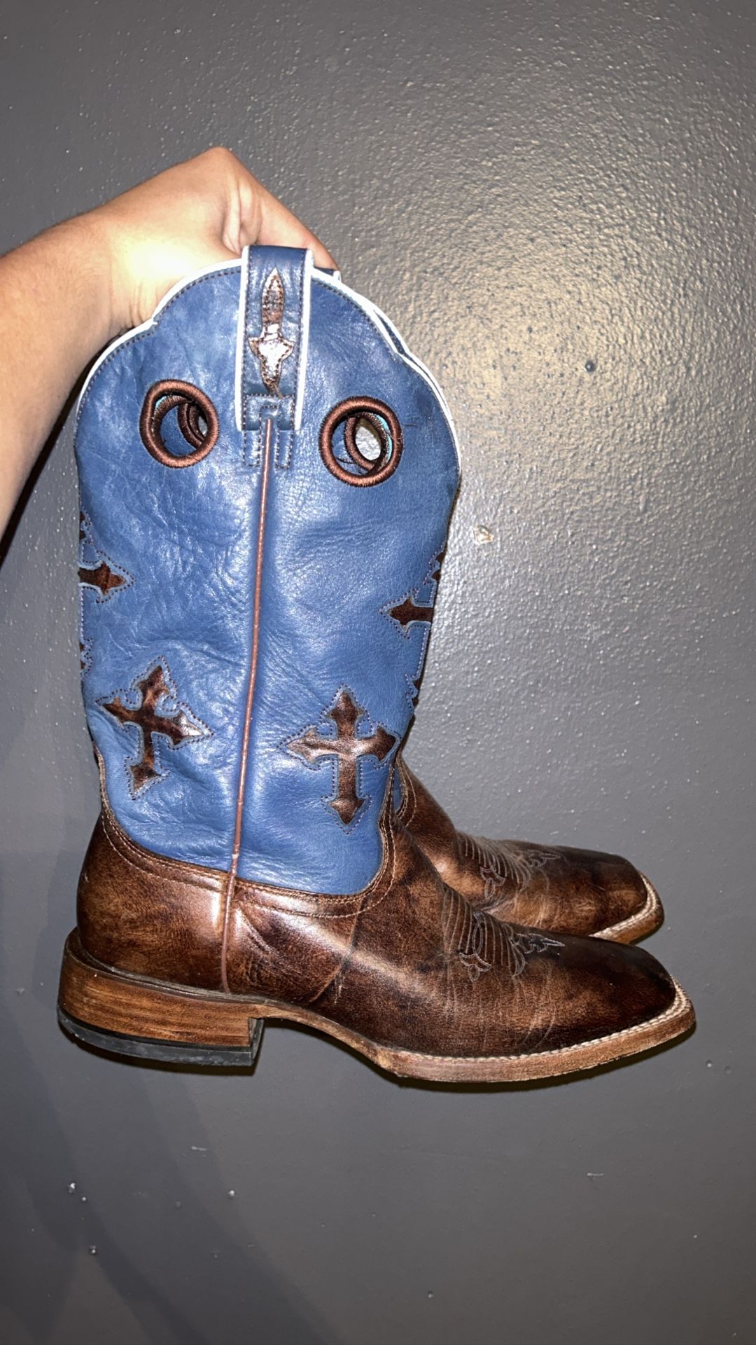 Ariat 10.5 Ranchero Cross Accent Western Boot Brown Blue Leather Square Toe Mens