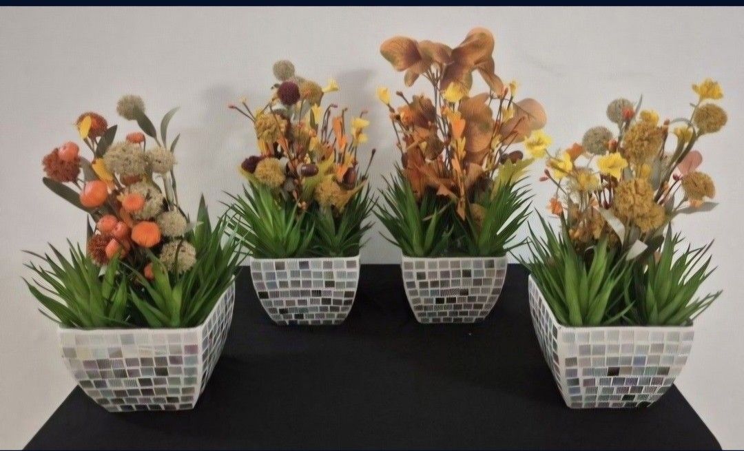*** REDUCED *** Mosaic Glass Planters filled with Faux Autumn Flowers & Succulents in Epoxy @ Lasting Creations