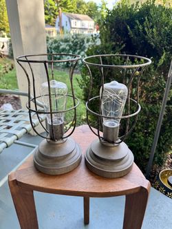 Pair of Rustic Industrial Cage Table Lamps with Edison-Style Bulbs