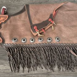Large-Custom Leather Chinks, Twisted Fringe, Silver Conchos