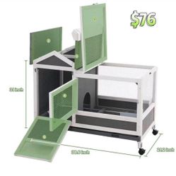 ✌️ Rabbit Hutch Indoor/Outdoor with Wheels/No Leak Urine Guards/Netting Floor, Rabbit Cage Chew Proof with Tray, Guinea Pig Cage, Bunny House for Smal