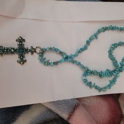 New 24 Inches Turquoise Necklace W/ Cross