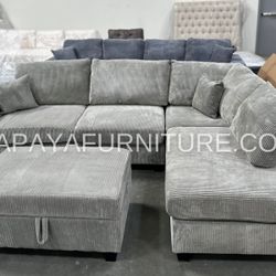New Soft Fabric Sectional Chaise STORAGE OTTOMAN Sofa Couch Set USB Por