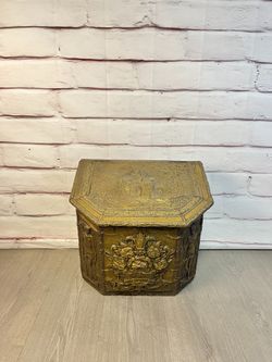 Ornate ATQ Vintage Brass Over Wood Kindling Box