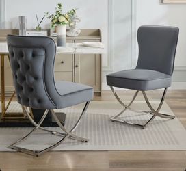 Luxury Velvet Dining Chairs, Tufted Upholstered Armless Accent Chairs with Silver Metal X-Legs, Modern Glam Dining Room Chair Set of 2, Light Grey