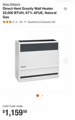 Shop Williams Direct-Vent Gravity Wall Heater 22,000 BTUH, 67% AFUE, Natural Gas
