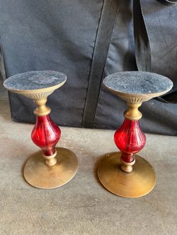Pair of Red Glass and Brass Candleholders