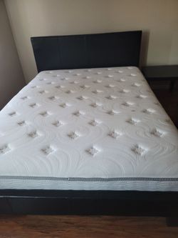 Queen mattress with bed frame and headboard