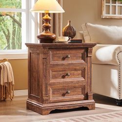 ES355 $50  Farmhouse 26" Tall Nightstand with Charging Station, 23.6" End Table with 3 Drawers Storage, Wood Side Table w/Roman Column, Bedside Cabine