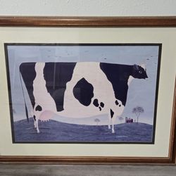 Vermont Cow by Warren Kimble Folk Art print framed, 37" x 29" Americana