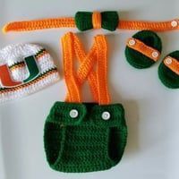Crochet Baby Boy Miami Hurricanes Football Inspired Outfit Photo Prop 
