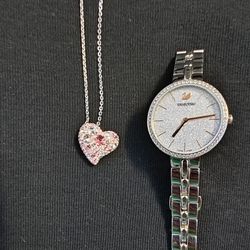 Swarovski pink crystal Alana heart pendant -necklace. with Swarovski watch