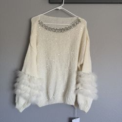 Embellished Knit Sweater with  Fur Sleeves
