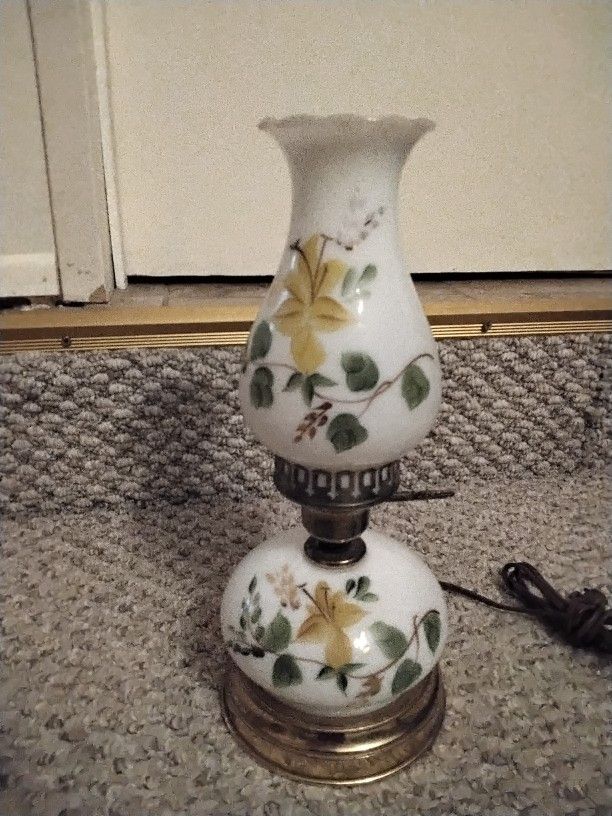 Vintage Hurricane Milkglass Table L amp With Matching Yellow Flower on Lantern and Base