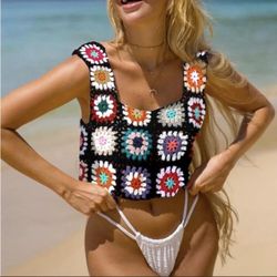 Crochet Bikini Floral Sweetheart Neck Cover-Up Top Without Bikini One Size NWT