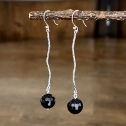 Sterling Silver Twist & Faceted Black Onyx Bead Dangle Earrings from Novica