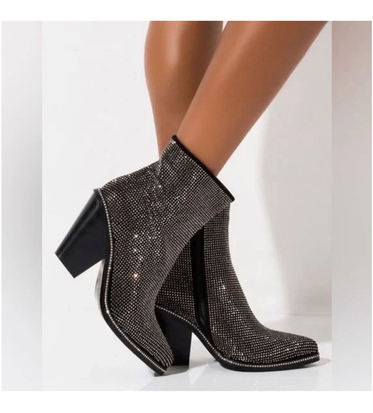 Azalea Wang Black Rhinestones Chunky Heel Cowboy Bootie Boots 7.5