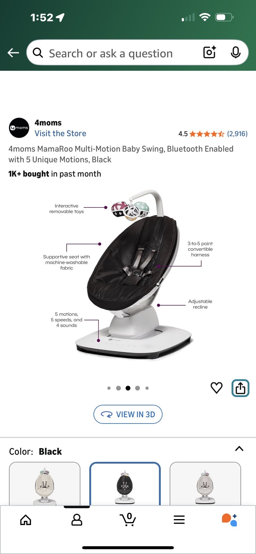 4moms MamaRoo Multi-Motion Baby Swing, Bluetooth Enabled with 5 Unique Motions, Black