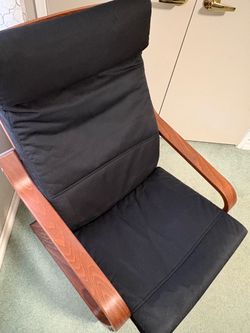 IKEA POANG Armchair, Wood Frame and Black Cushion (Height 37”, Width 27”, Depth 32”)