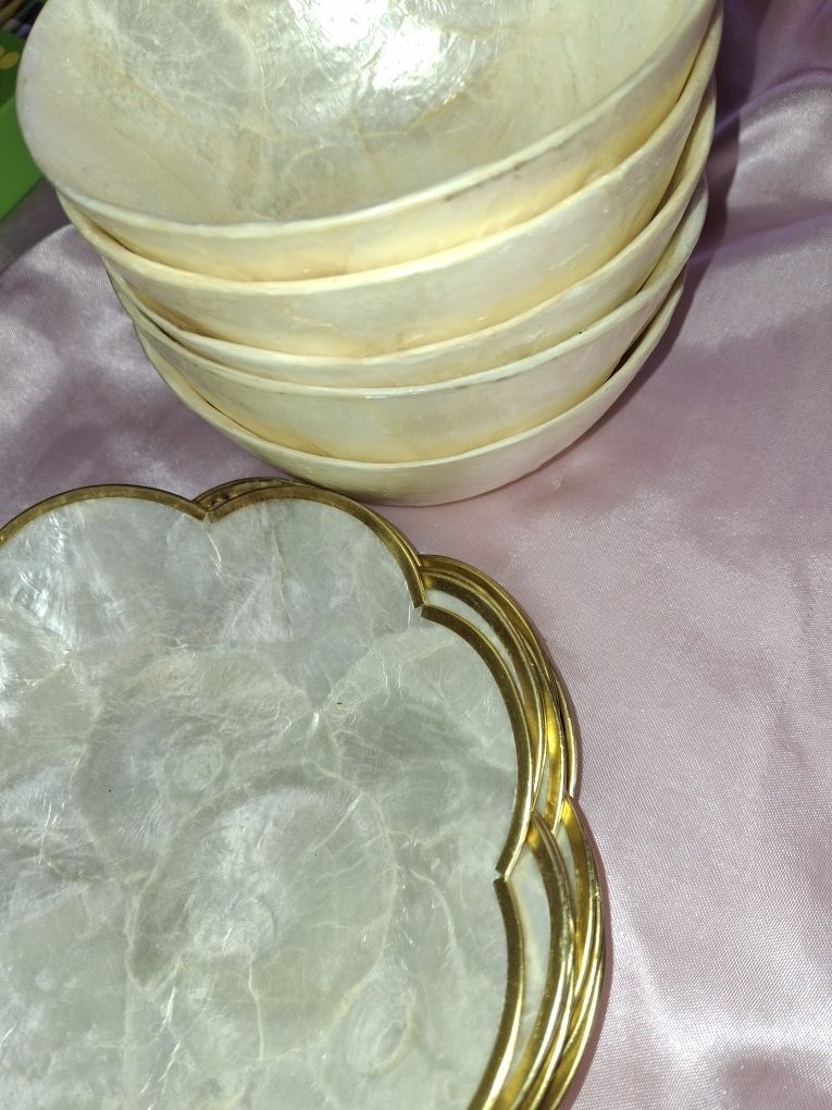Gold Rimmed Pearl Bowl And Plates