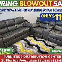 Spring Blowout Sale. Madrid, Gray Leather Reclining Sofa And Loveseat Set Only $1199. Easy Finance Option. Same Delivery.