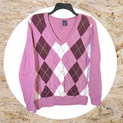 Basic Editions Mauvy Pink, Burgundy, White Argyle Pullover Sweater Women Large