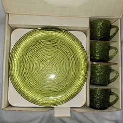 VINTAGE ANCHOR HOCKING SORENO AVOCADO GREEN GLASS 8 PIECE SNACK SET NEW IN BOX