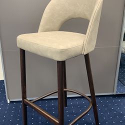New Beige Faux Leather Bar Stool With Wooden Legs