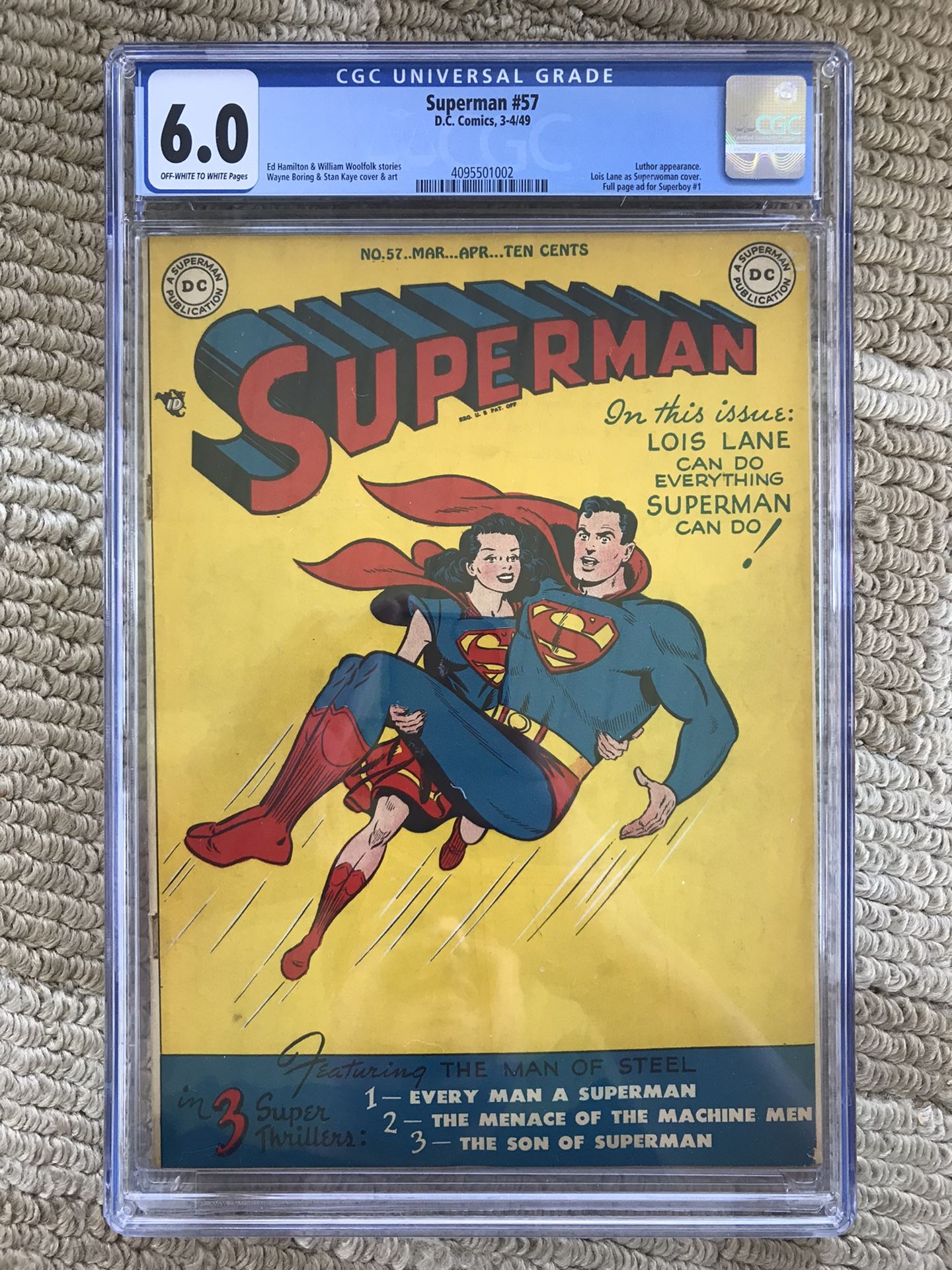 Superman #57 (1949) CGC 6.0 — O/w To White Pages; Luthor App.; Lois Superwoman Cover