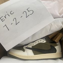 NIKE AIR JORDAN 1 LOW OG SP TRAVIS SCOTT MEDIUM OLIVE DM7866 -200 size US 10 WITH TRAVIS SCOTT WEBSITE RECEIPT INVOICE