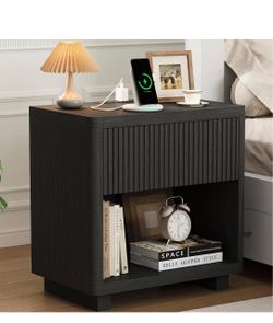 Black Nightstand with Drawer and Open Shelf