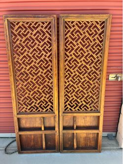 Pair of Vintage Asian / Chinese Carved Wood Wall Panels – Decorative Lattice Design