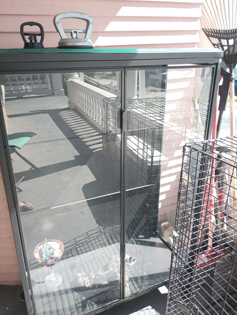 Three Piece Sectional Couches And Glass Cabinet