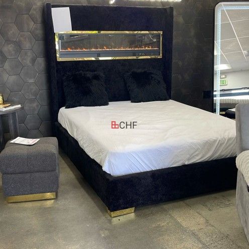 Modern Queen / King Size Bed Frame - No Heater on Fireplace - Flame Box Display Only